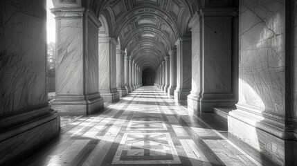 Sunlit marble colonnade hallway.