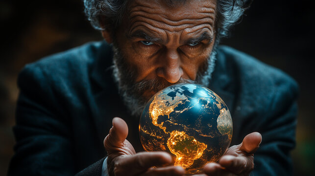 Climate-ignorant tycoon grasps the globe, indifferent to the rising toll of his greed, as floods, fires, and extinctions reshape the world