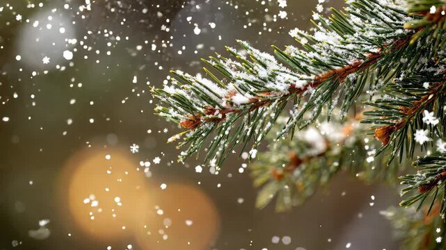 Snowflakes settle gently on pine needles in a winter wonderland, First snow The first snowflakes fall on the pine needles