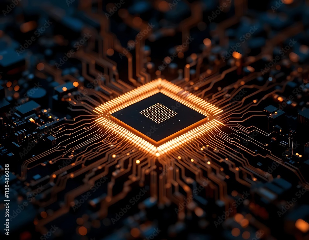 Poster silhouette of a computer chip glowing in a dark background