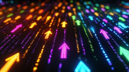 Obraz premium Colorful Neon Arrows Ascending On A Digital Background