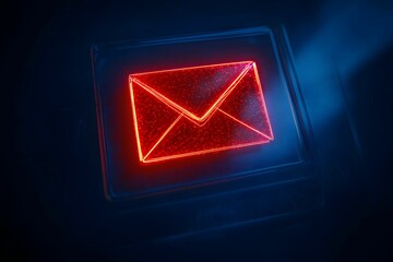 Bright red envelope symbol illuminated against a dark background at night