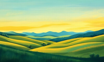 Naklejka premium Rolling Hills Landscape Under a Golden Sky