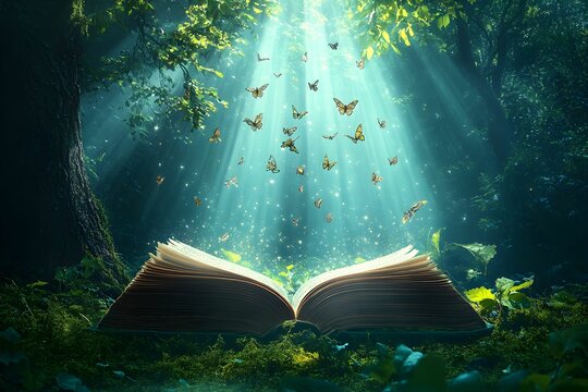 Illuminated open book surrounded by butterflies in a serene forest setting