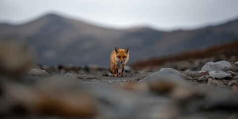 A Tibetan fox stalking silently through the rugged terrain of the Tibetan highlands