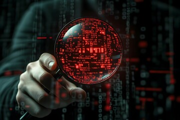 Hand holding red magnifying glass revealing binary code against dark background