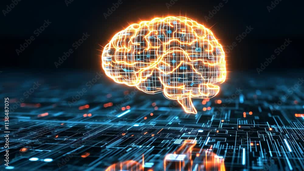 Poster futuristic digital brain visualization with neural network technology and data flow