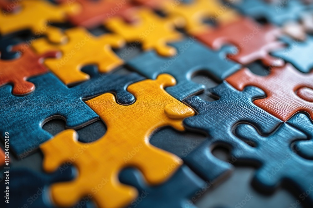 Poster close-up shot of a single puzzle piece on a table, perfect for use in educational or creative projec