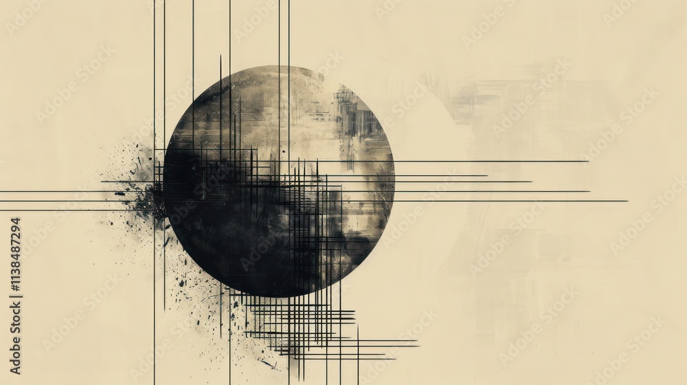 Poster abstract sphere with lines and splatters on beige background.