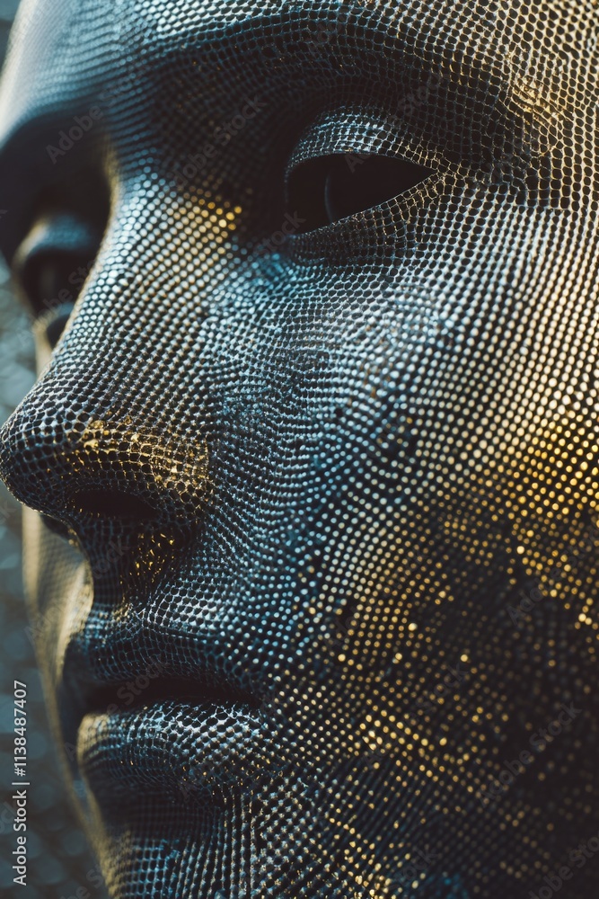 Poster A detailed view of a male statue's facial features, suitable for use in various art or architecture-themed projects