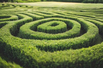 A large circular hedge maze in the middle of a green field