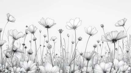 Monochrome cosmos flowers in a field.