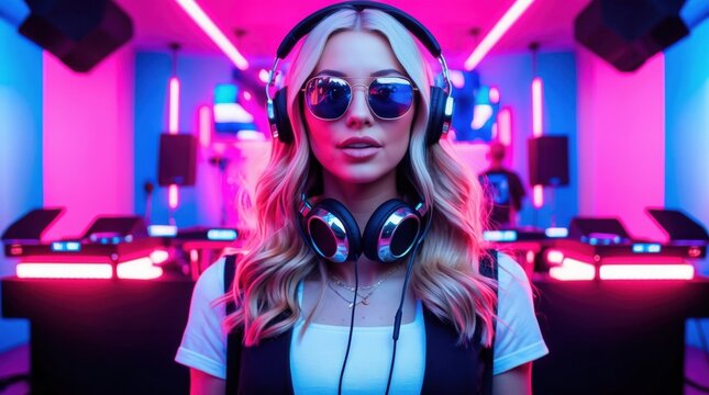 Vibrant atmosphere captivates with a stylish DJ mixing tracks in a colorful club setting at night