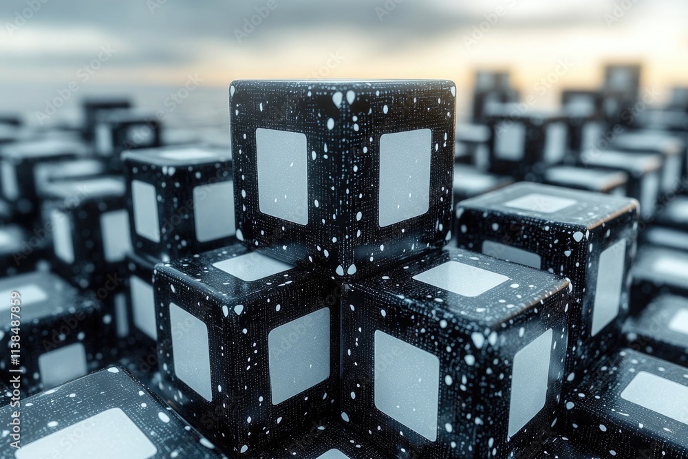 Poster a pile of black and white cubes stacked on top of each other, perfect for use in abstract art or des