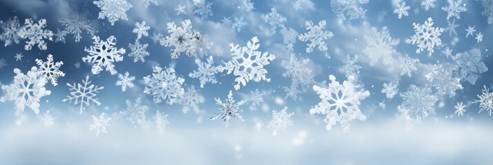 Beautiful and Detailed Close-Up of Falling Snowflakes Against a Soft Blue Background Illustrating the Unique Patterns and Intricate Designs of Winter's Frozen Crystals