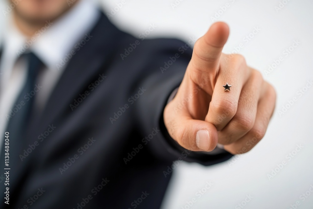 Poster a businessman in a suit points at the camera, looking directly at the viewer