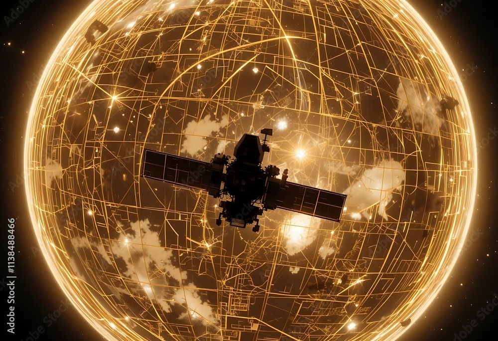 Poster silhouette of a satellite orbiting a glowing grid-like planet
