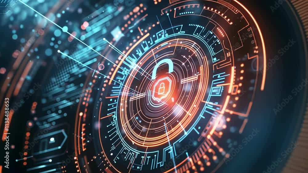 Poster futuristic head up display - hud - interface featuring a rotating padlock icon, symbolizing data pro