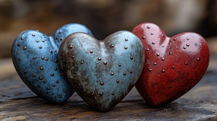 Obraz premium Three heart-shaped stones placed on a wooden table, great for decorative use or as a symbol of love and affection