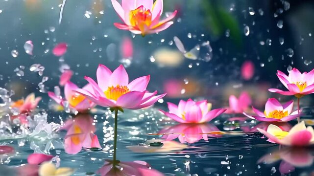 Flowers drift gently on water surface in seamless timelapse showing serene nature beauty, flowers falling in the water seamless ing time lapse virtual video Background