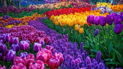 Vibrant Garden Scene Featuring a Colorful Array of Tulips and Flowers in Full Bloom, Showcasing Nature's Beauty in a Lush Spring Landscape