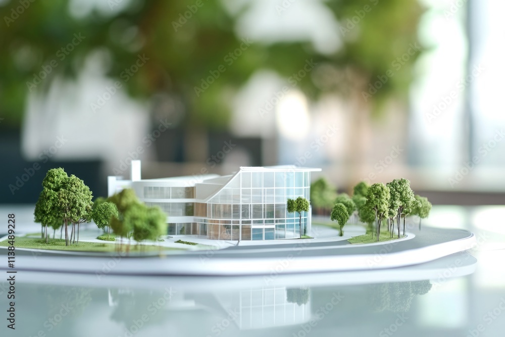 Poster A miniature building displayed on a table, suitable for presentations or displays