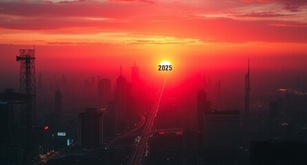 Glowing arrow leading toward a sunrise horizon with 2025 text, symbolizing new beginnings, progress, and hope for the new year.