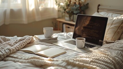 Cozy bedroom workspace with laptop, books, and coffee.