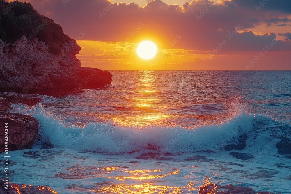 Poster a warm sunset scene with the sun dipping below the horizon, reflected in calm ocean waves and castin