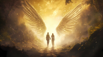 Adam and eve holding hands and leaving the garden of eden, being watched by a glowing angel with large wings. Heavenly. Illustration