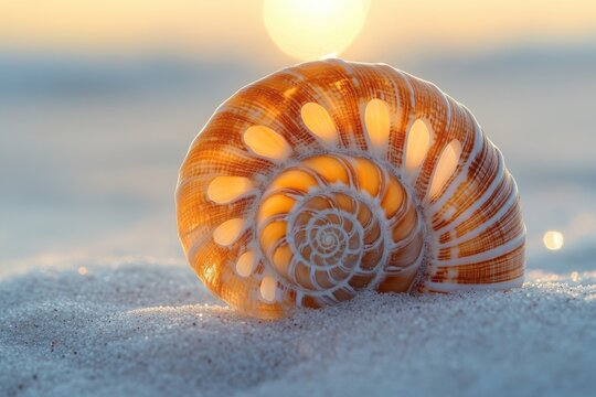 Coastal scene with shell on the sand, sunset background