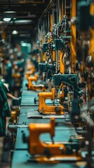 Industrial Sewing Machines in a Busy Garment Factory with Multiple Workstations and Yellow Accents Highlighting Efficient Production Process