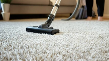 Vacuum cleaner in action on living room carpet during thorough home cleaning session, Active vacuuming session on house carpets, cleanliness focus