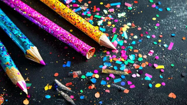 Colorful party blowouts and vibrant confetti on a dark surface create a festive atmosphere for celebrations, Colorful party blowouts with confetti on dark surface