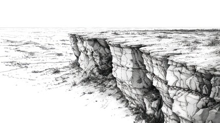 Dramatic grayscale illustration of a cliff face overlooking a flat, barren landscape.