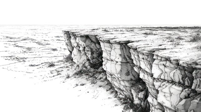 Dramatic grayscale illustration of a cliff face overlooking a flat, barren landscape.