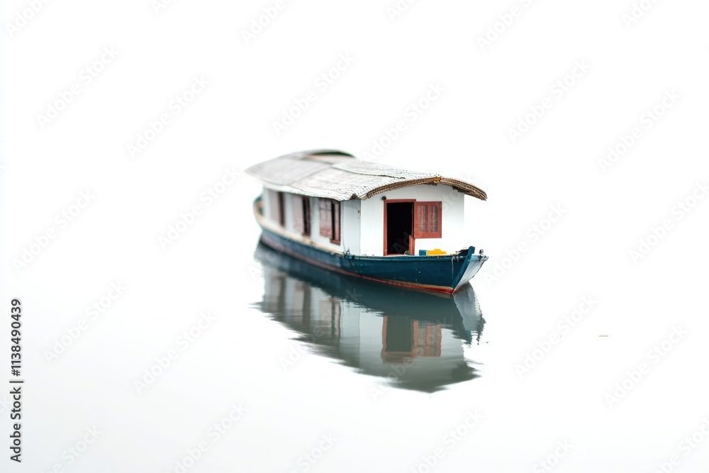 Poster a small boat floating on the surface of a body of water