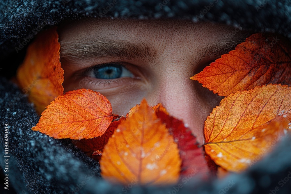 Aufkleber a close-up shot of a person with leaves stuck on their face, perfect for using in environmental or n