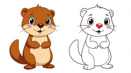 Adorable Otter Cartoon in Color and Outline Versions