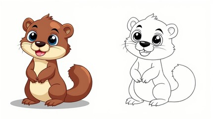 Obraz premium Adorable Otter Cartoon Character Colorful Version and Outline Illustration