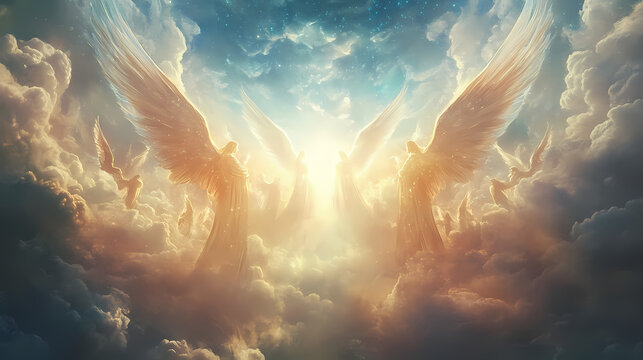 Choir of angels singing celestial hymns in a heavenly setting, with ethereal voices. Heavenly. Illustration