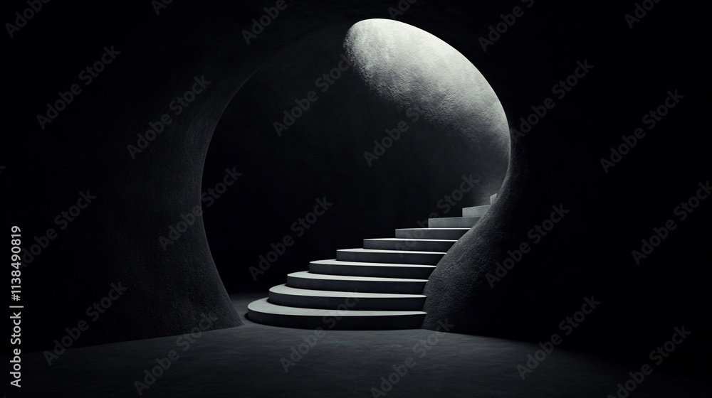 Poster dark, abstract spiral staircase leading to a light source within a cavernous, curved concrete struct