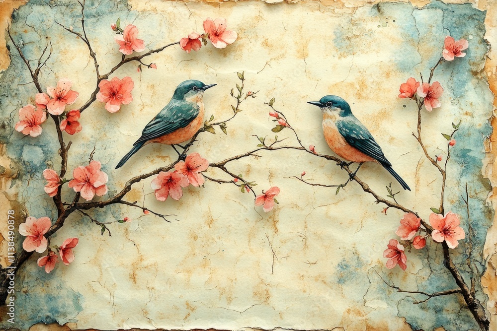 Poster a simple scene of two birds perched on a branch, suitable for use in nature-inspired designs or illu