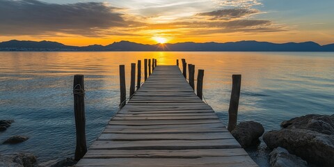 Obraz premium A peaceful dock leads to a stunning sunset reflecting on tranquil waters.