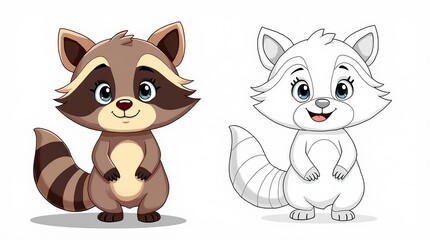 Obraz premium Adorable Cartoon Raccoon Characters in Colorful and Outline Versions