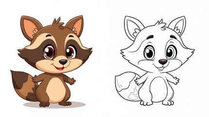 Obraz premium Adorable Raccoon Cartoon with Colorful and Outline Versions