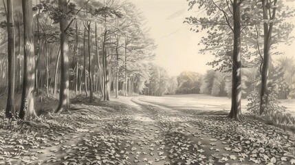 Serene autumnal forest path, monochrome.