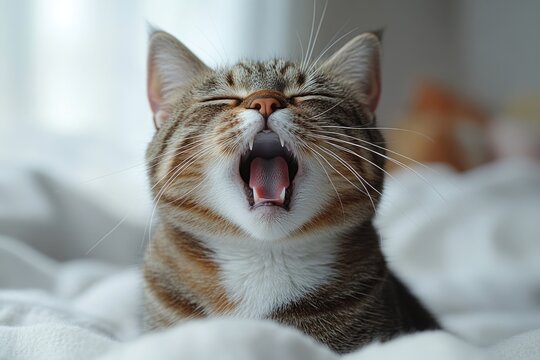 A close-up shot of a cat yawning on a bed, with a relaxed and sleepy expression