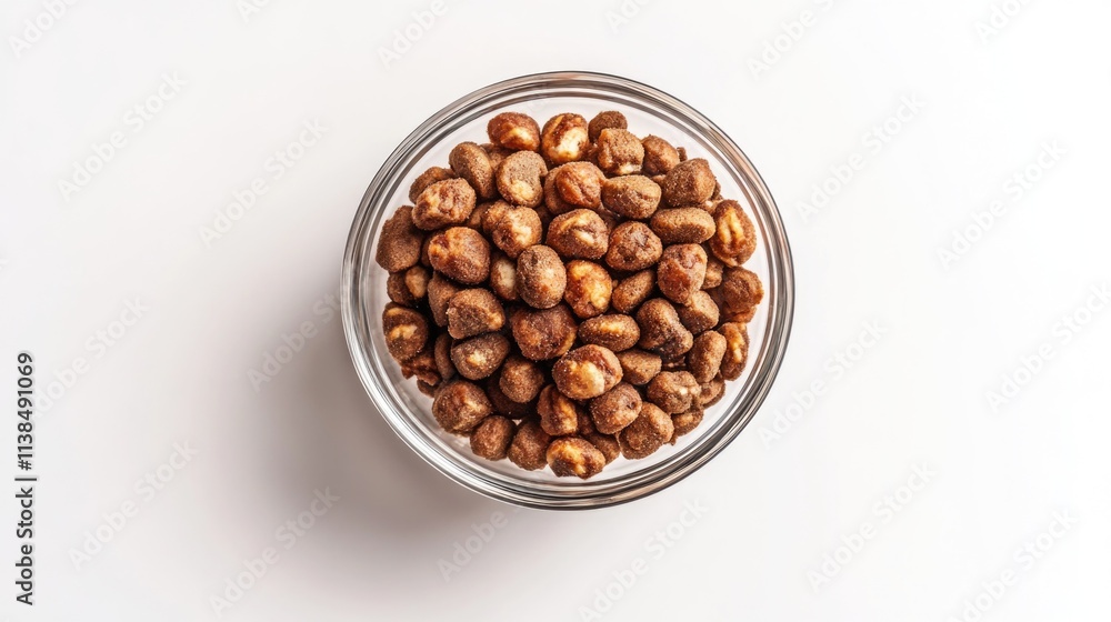 Aufkleber a clear glass bowl filled with various types of nuts on a white surface