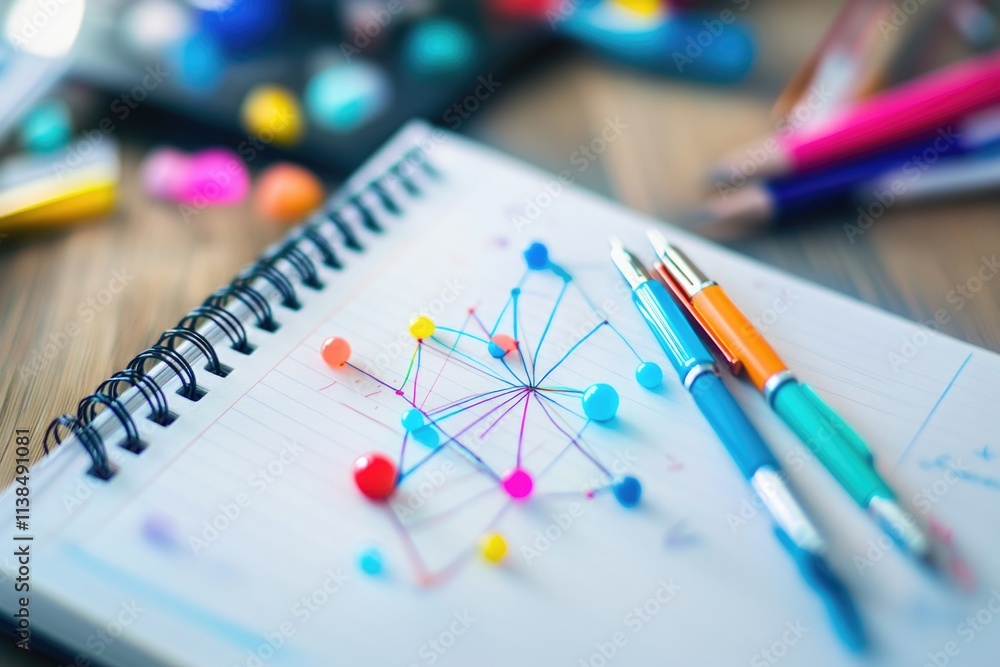 Poster notebook with markers and pens on a desk, ready for use
